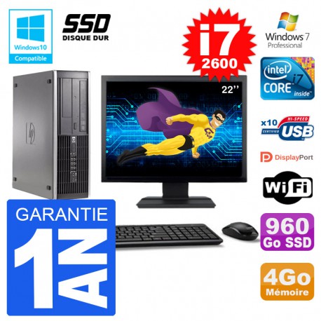 PC HP 6200 SFF Ecran 22" Intel i7-2600 RAM 4Go SSD 960Go Graveur DVD Wifi W7