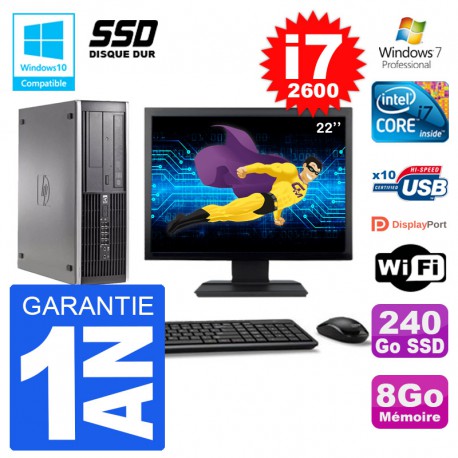 PC HP 6200 SFF Ecran 22" Intel i7-2600 RAM 8Go SSD 240Go Graveur DVD Wifi W7