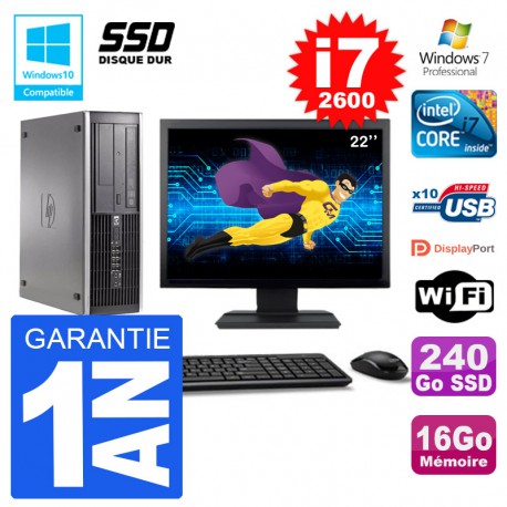 PC HP 6200 SFF Ecran 22" Intel i7-2600 RAM 16Go SSD 240Go Graveur DVD Wifi W7