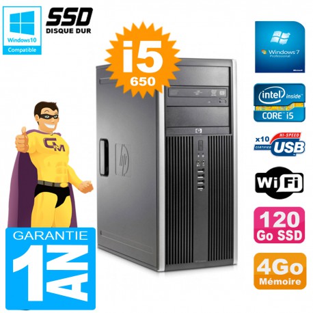 PC HP 8100 Tour Core i5-650 RAM 4Go SSD 120Go Graveur DVD Wifi W7