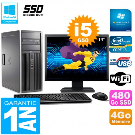 PC HP 8100 Tour Ecran 19" Core i5-650 RAM 4Go SSD 480Go Graveur DVD Wifi W7