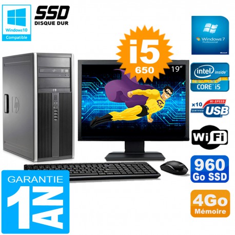 PC HP 8100 Tour Ecran 19" Core i5-650 RAM 4Go SSD 960Go Graveur DVD Wifi W7