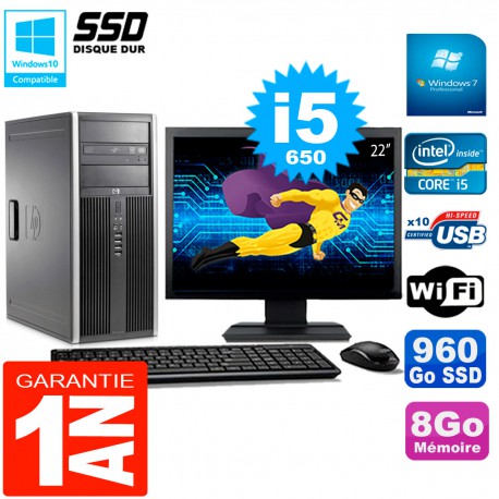 PC HP 8100 Tour Ecran 22" Core i5-650 RAM 8Go SSD 960Go Graveur DVD Wifi W7