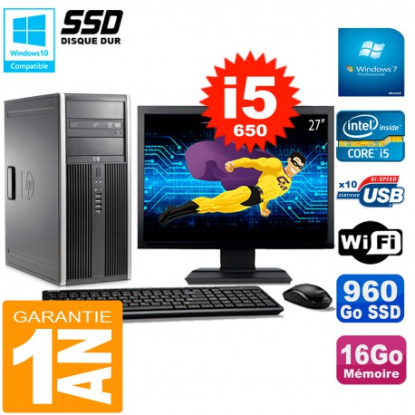 PC HP 8100 Tour Ecran 27" Core i5-650 RAM 16Go SSD 960Go Graveur DVD Wifi W7