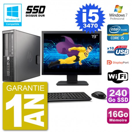 PC HP Z220 SFF Ecran 19" Core i5-3470 RAM 16Go SSD 240Go Graveur DVD Wifi W7