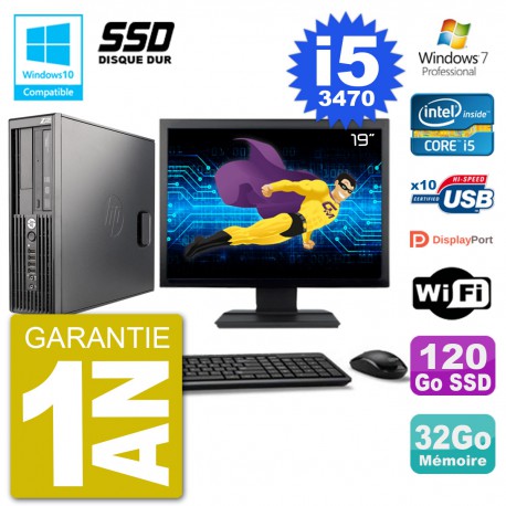 PC HP Z220 SFF Ecran 19" Core i5-3470 RAM 32Go SSD 120Go Graveur DVD Wifi W7