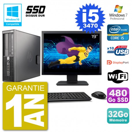 PC HP Z220 SFF Ecran 19" Core i5-3470 RAM 32Go SSD 480Go Graveur DVD Wifi W7