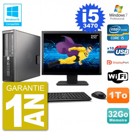 PC HP Z220 SFF Ecran 22" Core i5-3470 RAM 32Go Disque 1To Graveur DVD Wifi W7