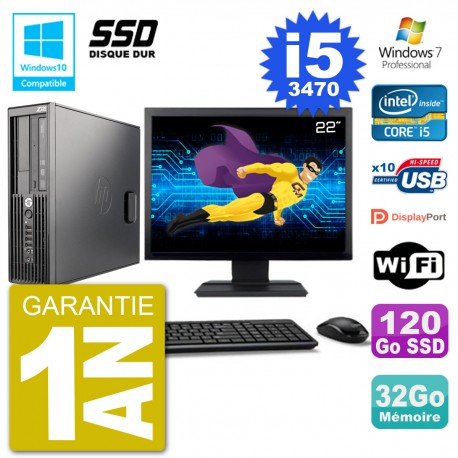 PC HP Z220 SFF Ecran 22" Core i5-3470 RAM 32Go SSD 120Go Graveur DVD Wifi W7