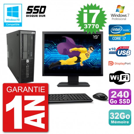 PC HP Z220 SFF Ecran 19" Core i7-3770 RAM 32Go SSD 240Go Graveur DVD Wifi W7