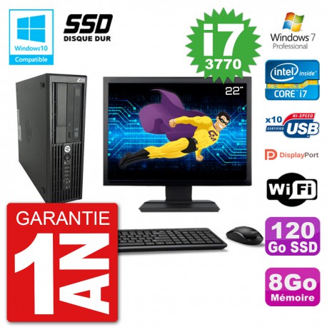 PC HP Z220 SFF Ecran 22" Core i7-3770 RAM 8Go SSD 120Go Graveur DVD Wifi W7