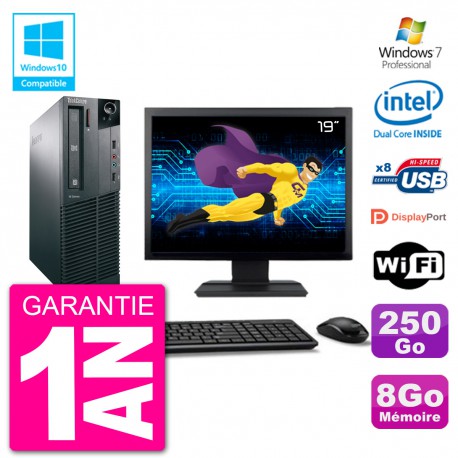 PC Lenovo M82 SFF Ecran 19" G2020 RAM 8Go Disque 250Go Graveur DVD Wifi W7