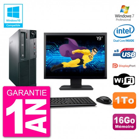 PC Lenovo M82 SFF Ecran 19" G2020 RAM 16Go Disque 1To Graveur DVD Wifi W7