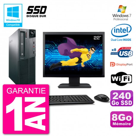 PC Lenovo M82 SFF Ecran 22" G2020 RAM 8Go SSD 240Go Graveur DVD Wifi W7