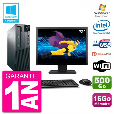 PC Lenovo M82 SFF Ecran 22" G2020 RAM 16Go Disque 500Go Graveur DVD Wifi W7