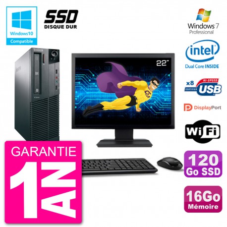 PC Lenovo M82 SFF Ecran 22" G2020 RAM 16Go SSD 120Go Graveur DVD Wifi W7