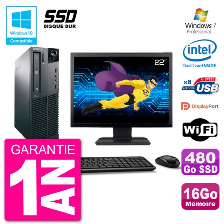 PC Lenovo M82 SFF Ecran 22" G2020 RAM 16Go SSD 480Go Graveur DVD Wifi W7