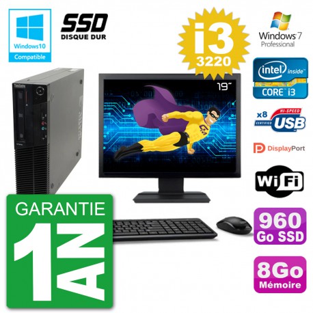 PC Lenovo M82 SFF Ecran 19" i3-3220 RAM 8Go SSD 960Go Graveur DVD Wifi W7