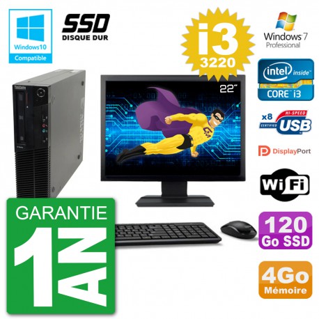 PC Lenovo M82 SFF Ecran 22" i3-3220 RAM 4Go SSD 120Go Graveur DVD Wifi W7