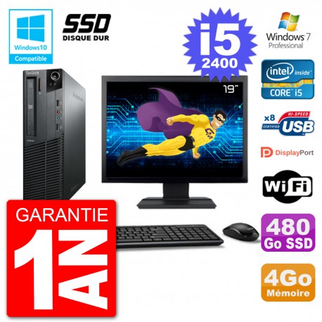 PC Lenovo M82 SFF Ecran 19" i5-2400 RAM 4Go SSD 480Go Graveur DVD Wifi W7