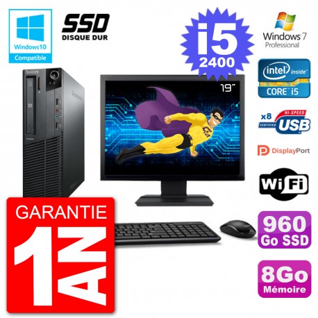 PC Lenovo M82 SFF Ecran 19" i5-2400 RAM 8Go SSD 960Go Graveur DVD Wifi W7