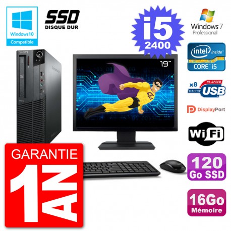 PC Lenovo M82 SFF Ecran 19" i5-2400 RAM 16Go SSD 120Go Graveur DVD Wifi W7