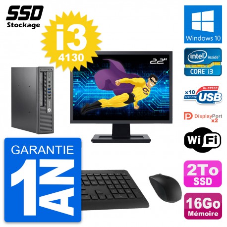 Mini PC HP 800 G1 USDT Ecran 22" Intel i3-4130 RAM 16Go SSD 2To Windows 10 Wifi