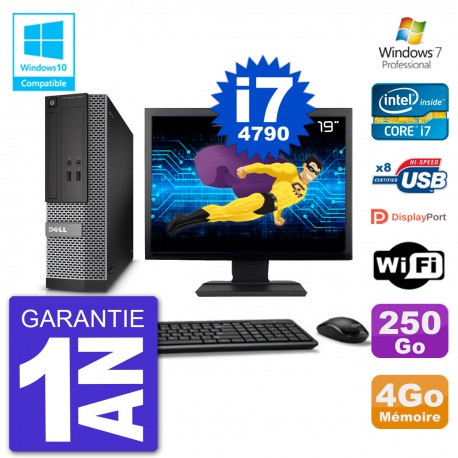 PC Dell 3020 SFF Ecran 19" Intel i7-4790 RAM 4Go Disque 250Go Graveur DVD Wifi W7