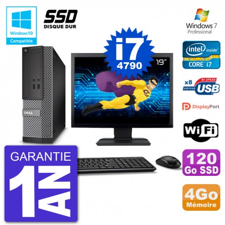 PC Dell 3020 SFF Ecran 19" Intel i7-4790 RAM 4Go SSD 120Go Graveur DVD Wifi W7