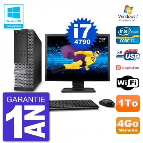 PC Dell 3020 SFF Ecran 22" Intel i7-4790 RAM 4Go Disque 1To Graveur DVD Wifi W7