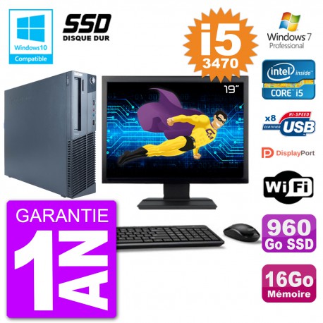 PC Lenovo M82 SFF Ecran 19" i5-3470 RAM 16Go SSD 960Go Graveur DVD Wifi W7