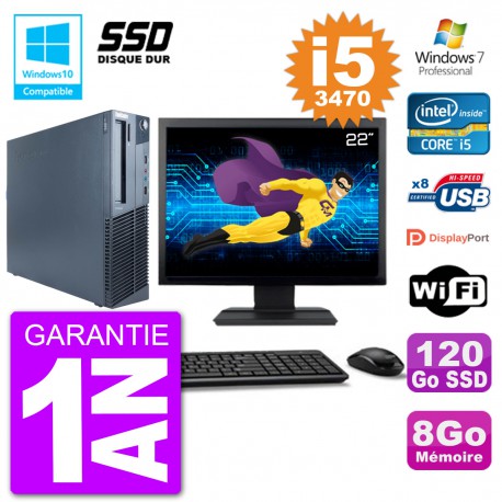 PC Lenovo M82 SFF Ecran 22" i5-3470 RAM 8Go SSD 120Go Graveur DVD Wifi W7