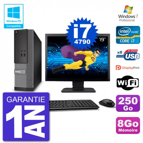 PC Dell 3020 SFF Ecran 19" Intel i7-4790 RAM 8Go Disque 250Go Graveur DVD Wifi W7