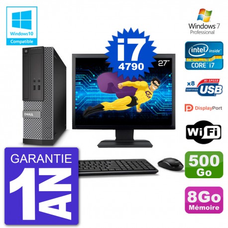 PC Dell 3020 SFF Ecran 27" Intel i7-4790 RAM 8Go Disque 500Go Graveur DVD Wifi W7