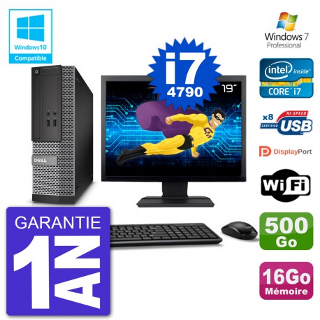 PC Dell 3020 SFF Ecran 19" Intel i7-4790 RAM 16Go Disque 500Go Graveur DVD Wifi W7