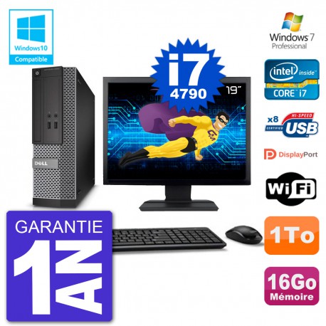 PC Dell 3020 SFF Ecran 19" Intel i7-4790 RAM 16Go Disque 1To Graveur DVD Wifi W7