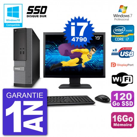 PC Dell 3020 SFF Ecran 19" Intel i7-4790 RAM 16Go SSD 120Go Graveur DVD Wifi W7