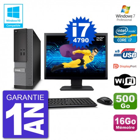 PC Dell 3020 SFF Ecran 22" Intel i7-4790 RAM 16Go Disque 500Go Graveur DVD Wifi W7