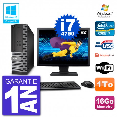 PC Dell 3020 SFF Ecran 22" Intel i7-4790 RAM 16Go Disque 1To Graveur DVD Wifi W7