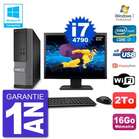 PC Dell 3020 SFF Ecran 22" Intel i7-4790 RAM 16Go Disque 2To Graveur DVD Wifi W7