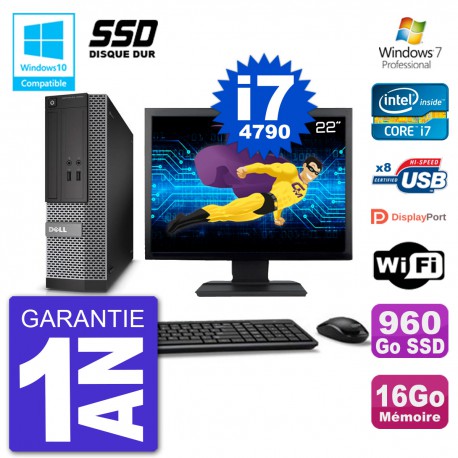 PC Dell 3020 SFF Ecran 22" Intel i7-4790 RAM 16Go SSD 960Go Graveur DVD Wifi W7