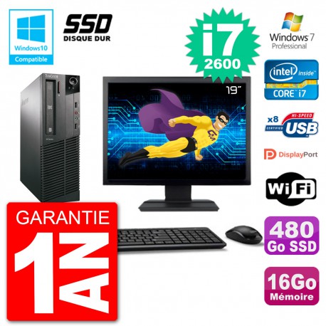 PC Lenovo M82 SFF Ecran 19" i7-2600 RAM 16Go SSD 480Go Graveur DVD Wifi W7