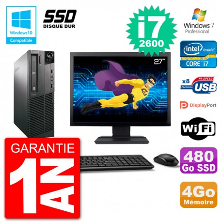 PC Lenovo M82 SFF Ecran 27" i7-2600 RAM 4Go SSD 480Go Graveur DVD Wifi W7