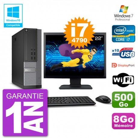 PC Dell 7020 SFF Ecran 22" Intel i7-4790 RAM 8Go Disque 500Go Graveur DVD Wifi W7