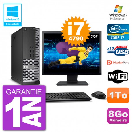 PC Dell 7020 SFF Ecran 22" Intel i7-4790 RAM 8Go Disque 1To Graveur DVD Wifi W7