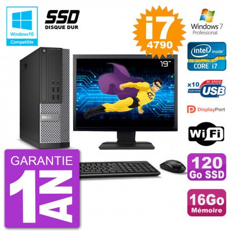 PC Dell 7020 SFF Ecran 19" Intel i7-4790 RAM 16Go SSD 120Go Graveur DVD Wifi W7