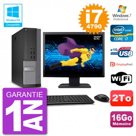 PC Dell 7020 SFF Ecran 22" Intel i7-4790 RAM 16Go Disque 2To Graveur DVD Wifi W7