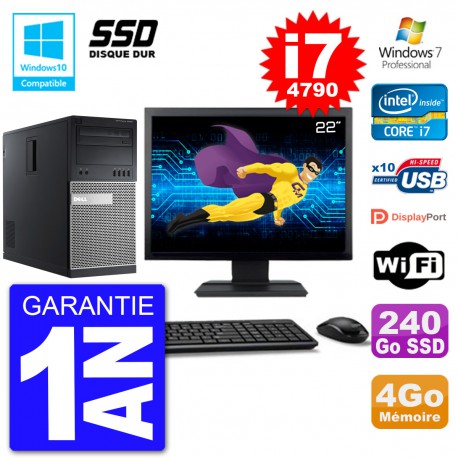 PC Tour DELL 9020 Ecran 22" Core i7-4790 RAM 4Go SSD 240Go Graveur DVD Wifi W7