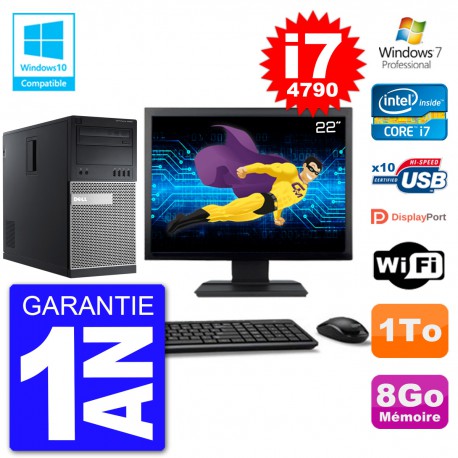 PC Tour DELL 9020 Ecran 22" Core i7-4790 RAM 8Go Disque 1To Graveur DVD Wifi W7