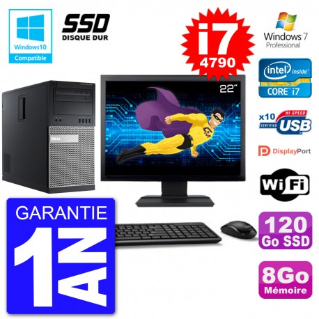 PC Tour DELL 9020 Ecran 22" Core i7-4790 RAM 8Go SSD 120Go Graveur DVD Wifi W7